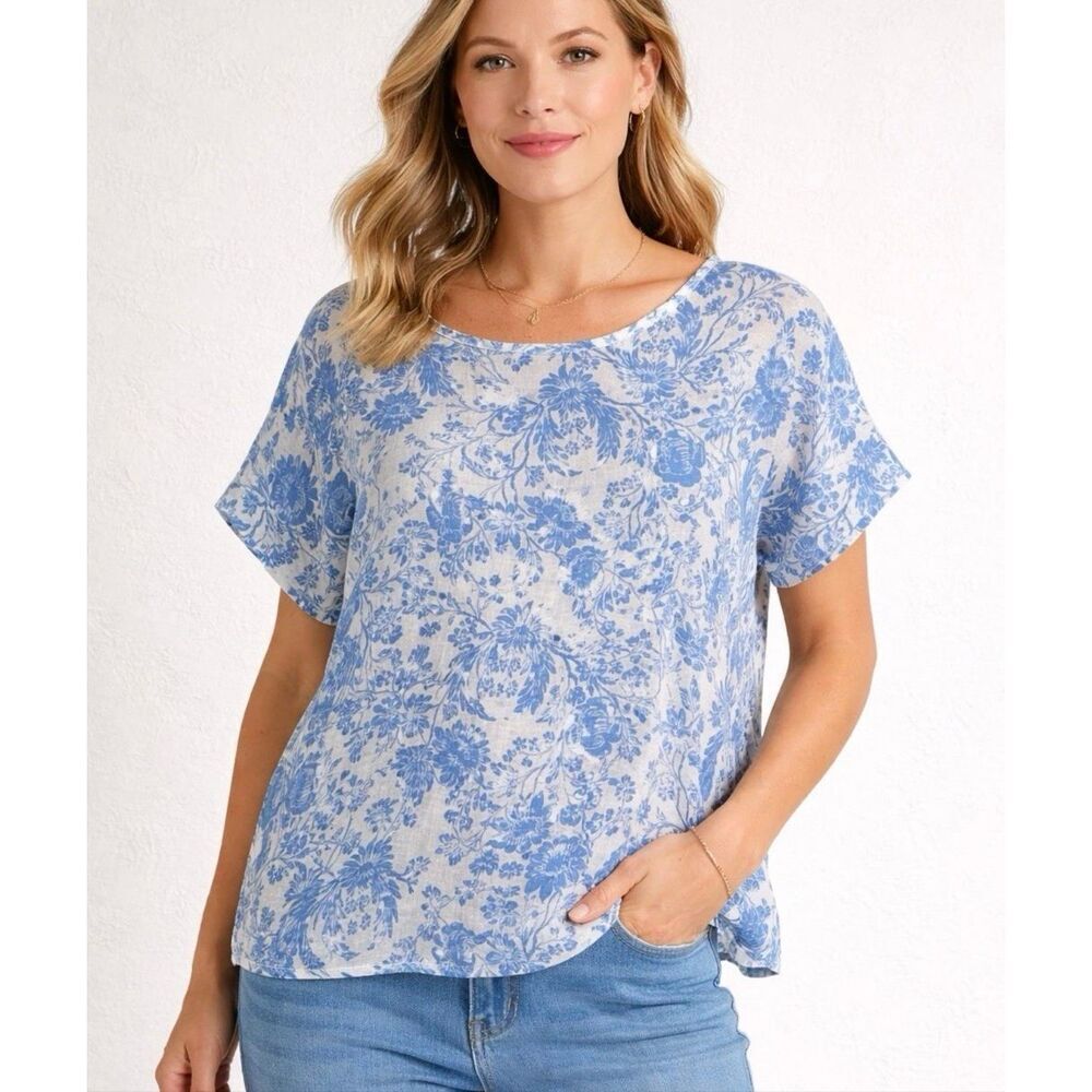 Bellambra 100% Linen Floral Blouse Blue Made in Italy Coastal Breathable Sz L